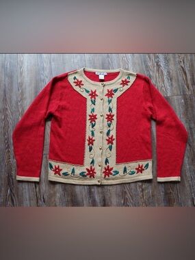 VTG DressBarn Womens Grannycore Poinsettia Beaded Embroidered Cardigan Sweater M